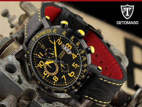 DETOMASO RIMINI BLACK IONIZED HEIDFELD RACER CHRONOGRAPH MEN'S WATCH W. BOX, PAPERS, WARRANTY