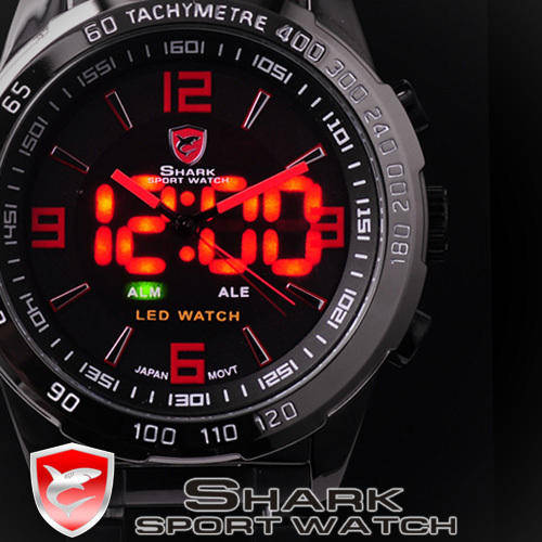 *PERFECT GIFT* SHARK LED 3 HAND FULL BLACK IP STEEL WATCH W/ BOX, PAPERS, LOADED!!