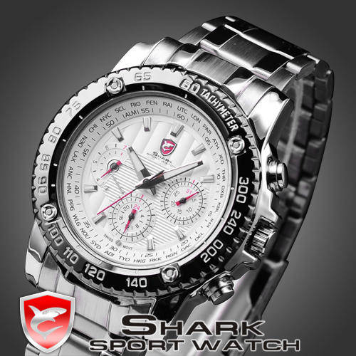 SHARK MILITARY SAW SHARK TACTICAL SILVER DIAL CHRONOGRAPH WATCH FULLY LOADED!!