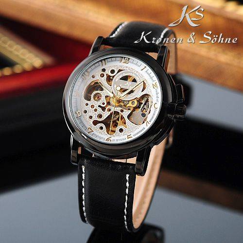KRONEN & SOHNE Black IONIZED Warrior Automatic Mechanical Leather Watch w/ box, papers, warranty