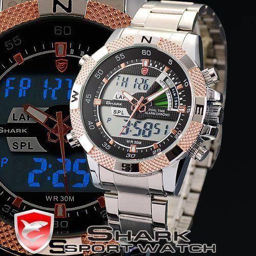 *1 day only* SHARK DUAL LED **STEEL** Gold Edition CHRONOGRAPH PORBEAGLE YACTH WATCH W/ BOX, PAPERS!