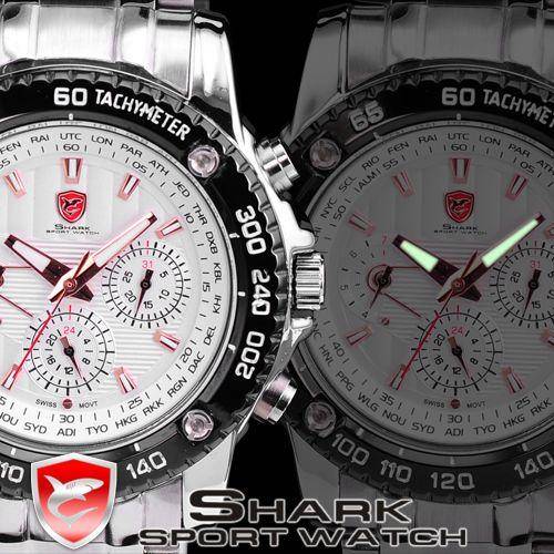SHARK MILITARY TACTICAL SILVER TRIM CHRONOGRAPH WATCH W/ BOX, PAPERS, LOADED!!