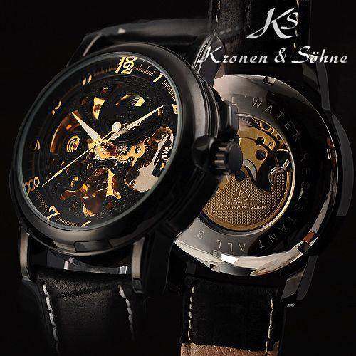KRONEN & SOHNE **FULL BLACK IONIZED** Warrior Automatic Mechanical Leather Watch w/ box, papers