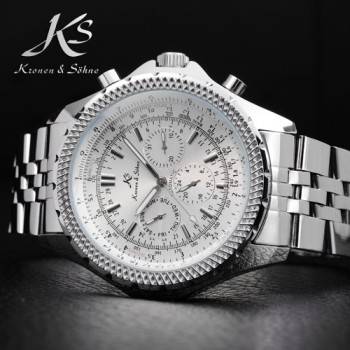 KRONEN & SOHNE Automatic White Steel Chrono Mechanical Watch w/ box, papers, warranty