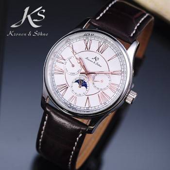 *FREE COURIER* KRONEN & SOHNE Moonphase Leather Automatic Mechanical Watch w/ box, papers, warranty