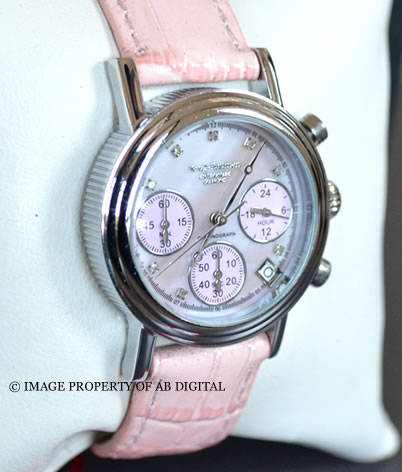 KRUG BAUMEN Women's 8 Diamond Encrusted Mother of Pearl Paris Pink Watch w/ Diamond Certificate