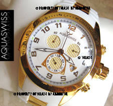 RARE AQUASWISS SNOW TRAX 100M 18K GOLD PL. SWISS CHRONOGRAPH WATCH BRAND NEW