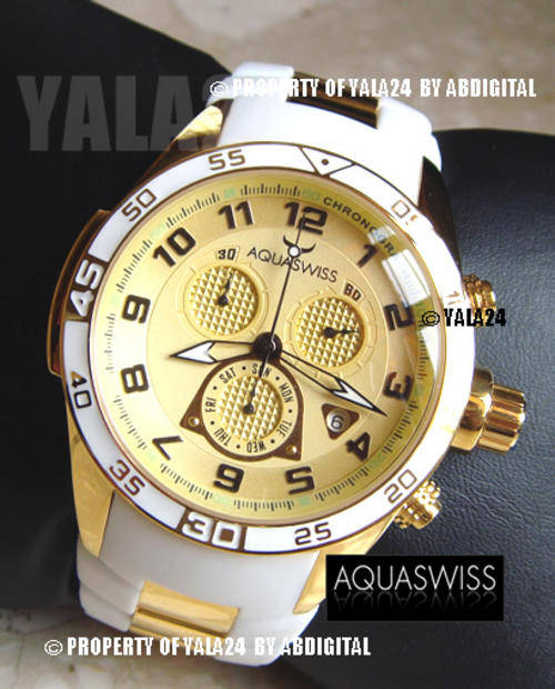 R28,000.00 >> Rare AQUASWISS Men's 18k GOLD Snow Chronograph Swiss Watch