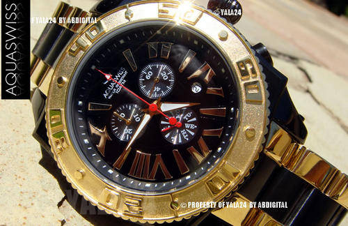 Brand New AQUASWISS Men's XG 18K Gold Pl. GT BLACK IP STEEL Swiss Chronograph Watch @@NO RESERVES@@
