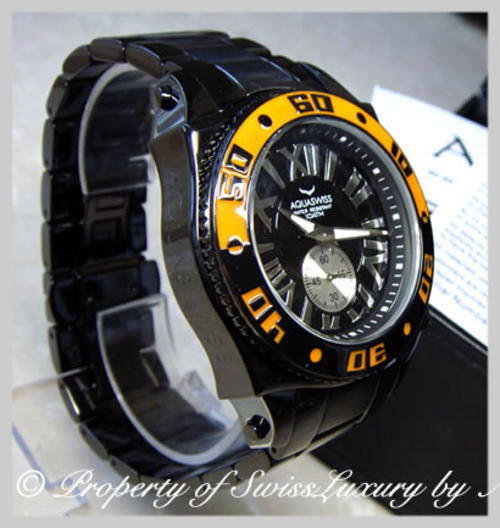 AQUASWISS MEN'S BLACK ION STEEL COMBAT DIVER SWISSPORT 100M WATER RESISTANT WATCH