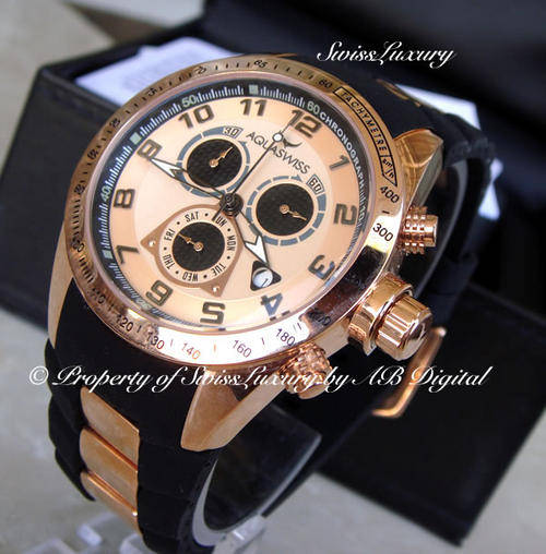 Brand New AQUASWISS Men's TRAX Cream REAL 18k ROSE GOLD pl Chronograph Swiss Watch W/ BOX AND PAPERS