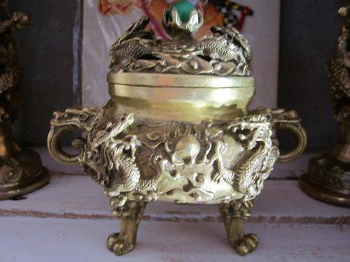 ESTATE SALE LOT 63 STAMPED BRASS JADE BALL CHINESE DRAGON INCENSE BURNER