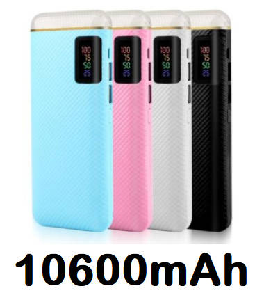 Universal 10 600mAh Power Bank with 2 x USB Ports. Fast Charge. Built in LED Lamp. Assorted Colors