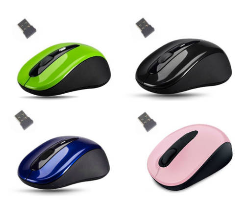 2.4GHz Slim Optical Wireless Mouse. Available in Black, Blue, Green and Pink colors.