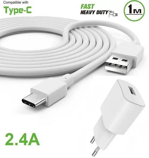 USB Type-C Quick Charger Kit. 2.4A, AC wall charger. 1m type-c cable.