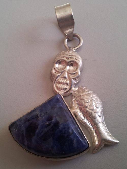 UNUSUAL SKULL, FISH AND SODALITE STERLING SILVER PENDANT - genuine gemstone & silver!