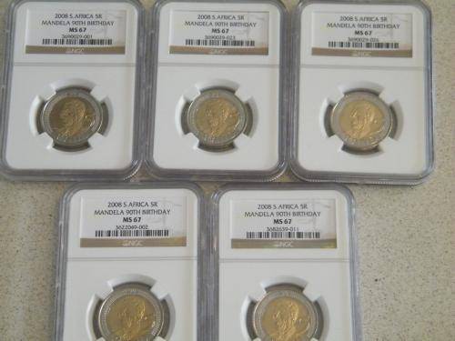 ***MS67*** 5 x 2008 Nelson Mandela "90th Birthday" R5 graded MS67 by NGC