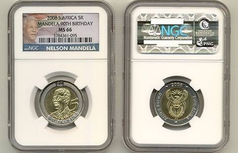 NGC MS 66 NEW LOGO - Box of 25 x 2008 MANDELA BIRTHDAY COLLECTION R5 GRADED MS66**