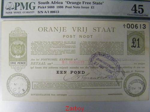 Oranje Vrij Staat Post Noot - Een Pond - TOP GRADE & never been folded !!!