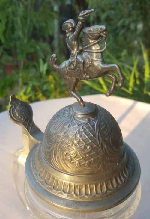 LARGE 28CM GERMAN BEER GLASS MUG WITH PEWTER LID OF ARMY HORSE RIDER