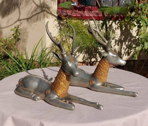 RARE SET OF 2 VINTAGE PEWTER AND BRASS RECLINING STAG REINDEER BOOKENDS