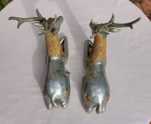 RARE SET OF 2 VINTAGE PEWTER AND BRASS RECLINING STAG REINDEER BOOKENDS