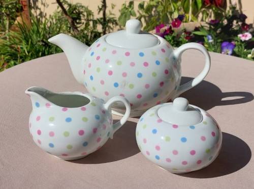 CUTE PINK, BLUE AND GREEN DOTTED TEA POT, SUGAR POT AND CREAMER MADE IN CHINA
