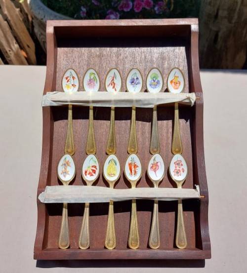 JAPAN 24KT GOLD PLATED SET OF 12 COFFEE SPOONS WITH ENAMEL PAINTED SOUTH AFRICAN FLOWERS