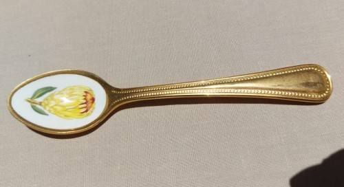 JAPAN 24KT GOLD PLATED SET OF 12 COFFEE SPOONS WITH ENAMEL PAINTED SOUTH AFRICAN FLOWERS