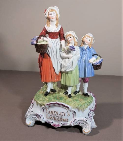 ANTIQUE DRESDEN (CARL THIEME 1920S MARK) GERMANY PORCELAIN FIGURINE YARDLEYS ADVERTISING 31CM HIGH
