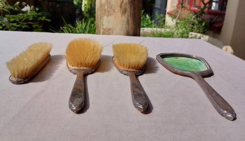 STERLING SILVER (LION HALLMARK) AND YELLOW GUILLOCHE ENAMEL 4 PIECE VANITY SET 1931 BY ADIE BROTHERS