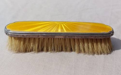 STERLING SILVER (LION HALLMARK) AND YELLOW GUILLOCHE ENAMEL 4 PIECE VANITY SET 1931 BY ADIE BROTHERS