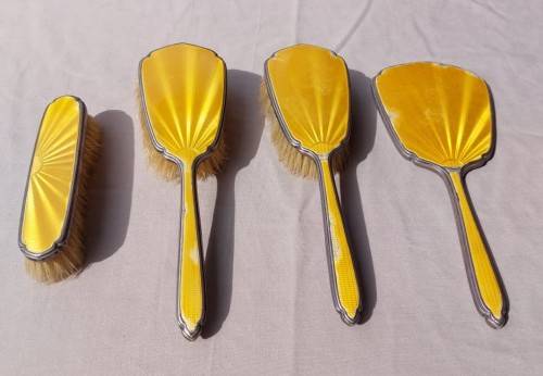 STERLING SILVER (LION HALLMARK) AND YELLOW GUILLOCHE ENAMEL 4 PIECE VANITY SET 1931 BY ADIE BROTHERS
