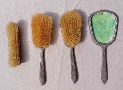 STERLING SILVER (LION HALLMARK) AND YELLOW GUILLOCHE ENAMEL 4 PIECE VANITY SET 1931 BY ADIE BROTHERS