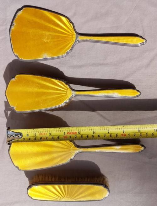 STERLING SILVER (LION HALLMARK) AND YELLOW GUILLOCHE ENAMEL 4 PIECE VANITY SET 1931 BY ADIE BROTHERS