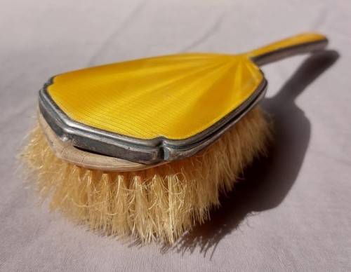 STERLING SILVER (LION HALLMARK) AND YELLOW GUILLOCHE ENAMEL 4 PIECE VANITY SET 1931 BY ADIE BROTHERS