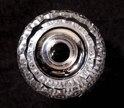 VINTAGE CHRYSTAL GLASS PERFUME BOTTLE WITH PURPLE COLOURED FACETTED STOPPER