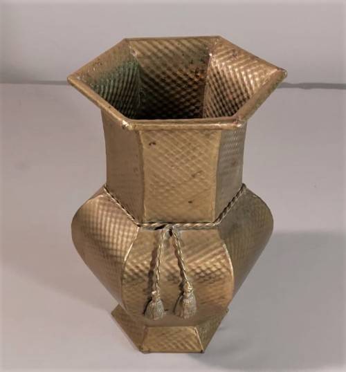 VINTAGE BRASS HEXAGON VASE LARGE 29CM HIGH WITH BRASS TOSSELS AND HAMMERED DIAMOND PATTERN