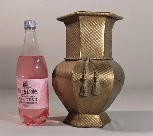 VINTAGE BRASS HEXAGON VASE LARGE 29CM HIGH WITH BRASS TOSSELS AND HAMMERED DIAMOND PATTERN