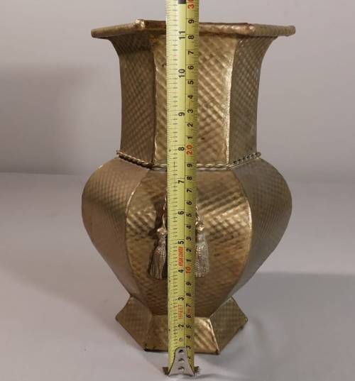 VINTAGE BRASS HEXAGON VASE LARGE 29CM HIGH WITH BRASS TOSSELS AND HAMMERED DIAMOND PATTERN