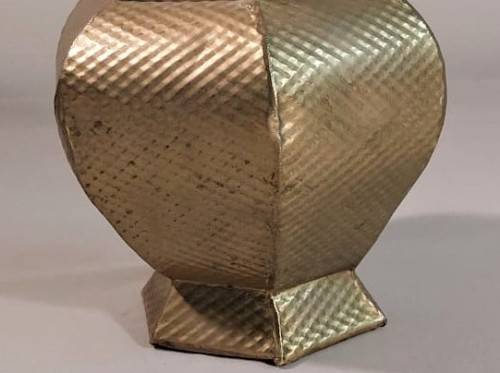 VINTAGE BRASS HEXAGON VASE LARGE 29CM HIGH WITH BRASS TOSSELS AND HAMMERED DIAMOND PATTERN
