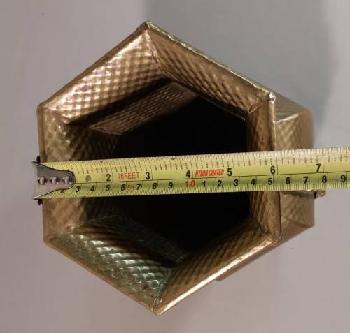 VINTAGE BRASS HEXAGON VASE LARGE 29CM HIGH WITH BRASS TOSSELS AND HAMMERED DIAMOND PATTERN