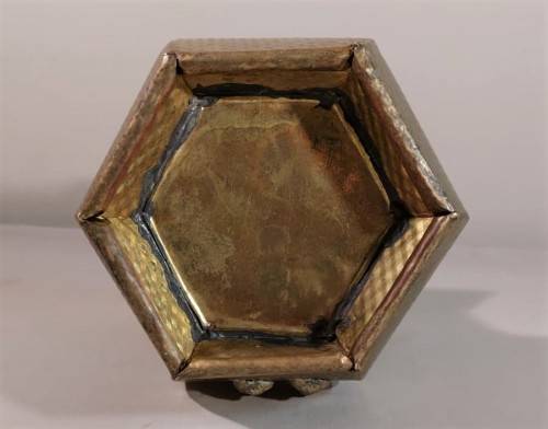 VINTAGE BRASS HEXAGON VASE LARGE 29CM HIGH WITH BRASS TOSSELS AND HAMMERED DIAMOND PATTERN