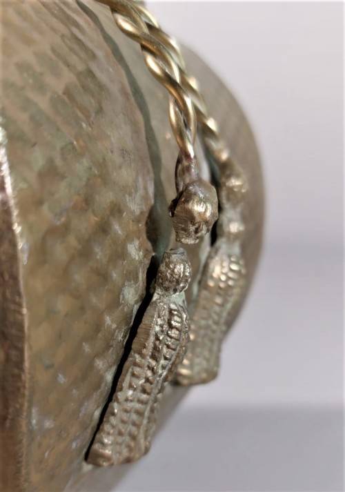 VINTAGE BRASS HEXAGON VASE LARGE 29CM HIGH WITH BRASS TOSSELS AND HAMMERED DIAMOND PATTERN