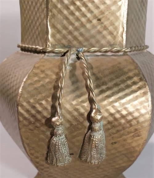 VINTAGE BRASS HEXAGON VASE LARGE 29CM HIGH WITH BRASS TOSSELS AND HAMMERED DIAMOND PATTERN