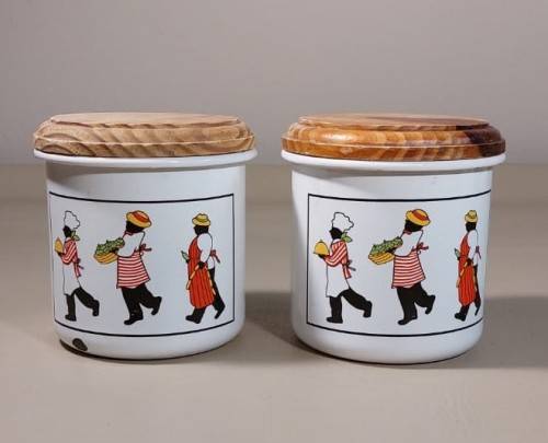 PAIR OF DECORATED ENAMEL SUGAR OR BISCUIT CONTAINERS WITH WOODEN LIDS