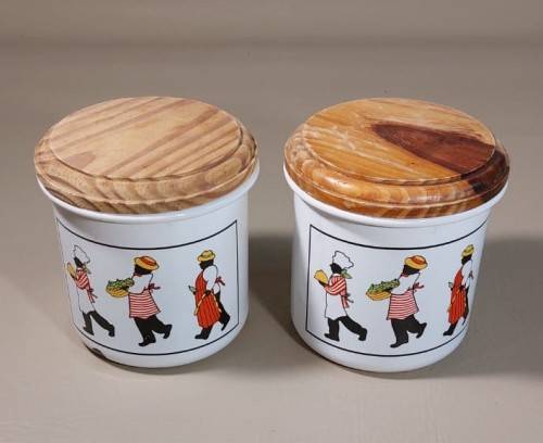 PAIR OF DECORATED ENAMEL SUGAR OR BISCUIT CONTAINERS WITH WOODEN LIDS