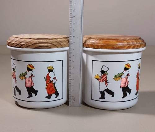 PAIR OF DECORATED ENAMEL SUGAR OR BISCUIT CONTAINERS WITH WOODEN LIDS