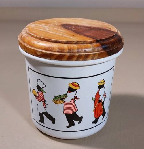 PAIR OF DECORATED ENAMEL SUGAR OR BISCUIT CONTAINERS WITH WOODEN LIDS