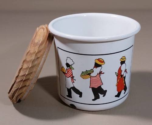 PAIR OF DECORATED ENAMEL SUGAR OR BISCUIT CONTAINERS WITH WOODEN LIDS